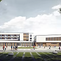 Modern School Building Featuring Multi story Structure Front Plaza Green Lawn And Active People