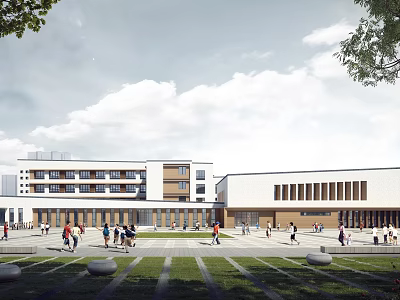 Modern School Building Featuring Multi story Structure Front Plaza Green Lawn And Active People 3d model