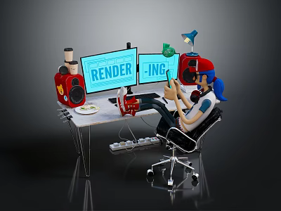 Computer Workstation With Dual Rendering Monitors Ergonomic Chair And Desk Accessories 3d model