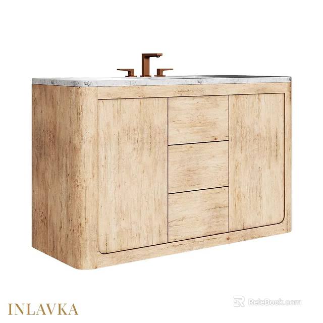 Wooden Washbasin Vanity With Marble Countertop Brass Faucet Three Drawers And Single Door 3d model 