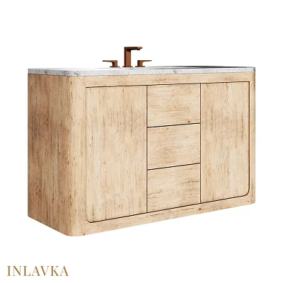 Wooden Washbasin Vanity With Marble Countertop Brass Faucet Three Drawers And Single Door 3d model