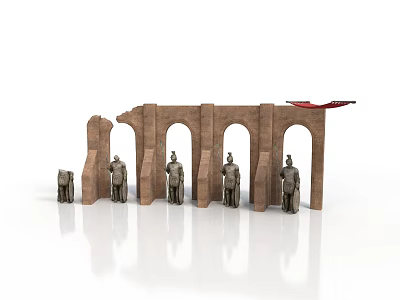 Ancient Historical Arched Structure Display With Standing Statues And Red Flag 3d model