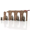 Ancient Historical Arched Structure Display With Standing Statues And Red Flag