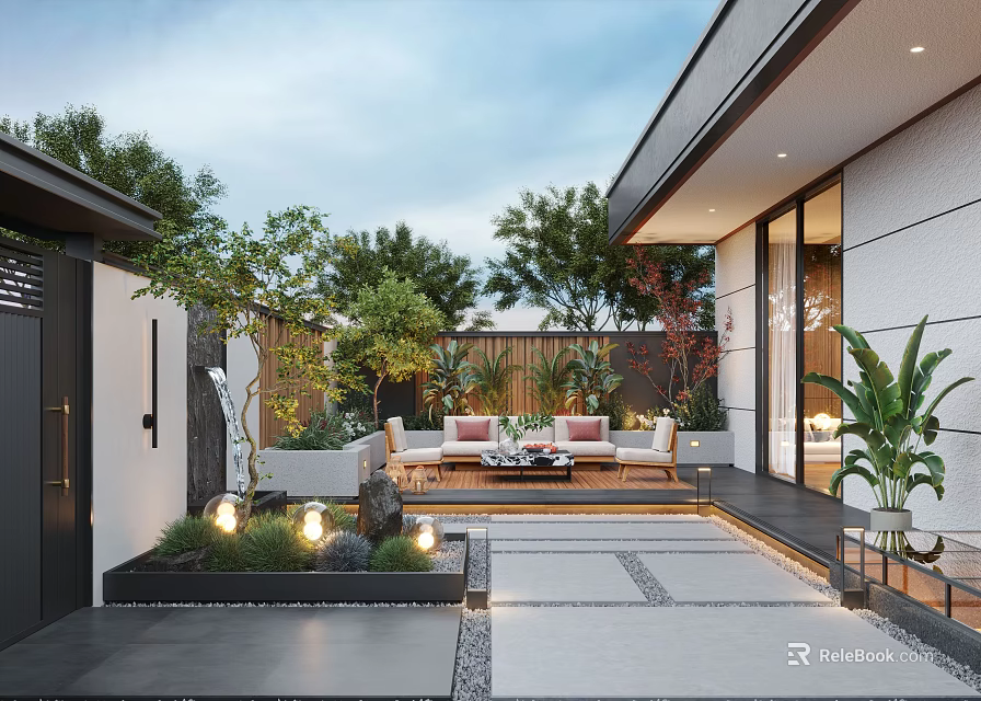 Modern Garden Outdoor Seating Area With Sofa Coffee Table Green Plants And Stone Tile Flooring 3d model 
