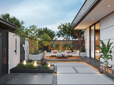 Modern Garden Outdoor Seating Area With Sofa Coffee Table Green Plants And Stone Tile Flooring 3d model