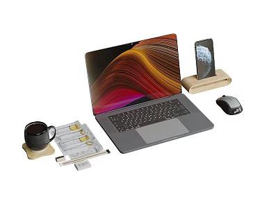 Modern Laptop Workspace Setup with Smartphone Stand Mouse Coffee Cup and Notes 3d model