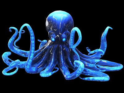 Vibrant Blue Octopus With Shiny Curled Tentacles In Underwater Habitat Scene 3d model