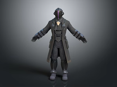 3D Sci Fi Game Character Design With Dark Long Coat Helmet And Armor Elements 3d model