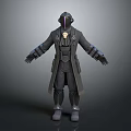3D Sci Fi Game Character Design With Dark Long Coat Helmet And Armor Elements