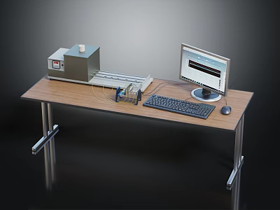 Office Equipment Setup on Wooden Table with Computer Monitor Keyboard Mouse and Cables 3d model
