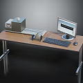 Office Equipment Setup on Wooden Table with Computer Monitor Keyboard Mouse and Cables