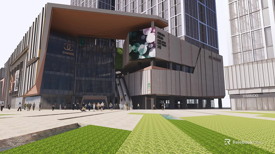 Modern Commercial Complex With Glass Facade Luxury Stores Outdoor Plaza And Green Lawns 3d model 