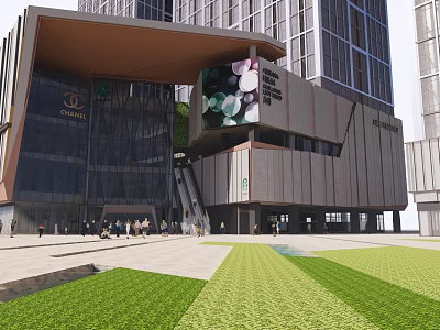 Modern Commercial Complex With Glass Facade Luxury Stores Outdoor Plaza And Green Lawns 3d model