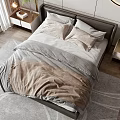 Modern Gray Upholstered Double Bed With Nightstands Table Lamps And Circular Wall Decor