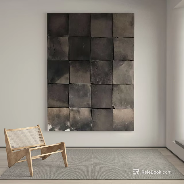 Minimalist Interior Decor With Dark Square Panel Artwork And Rattan Chair 3d model