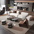 Modern Living Room Sofa And Coffee Table Set With Cushions Rug And Bookshelf