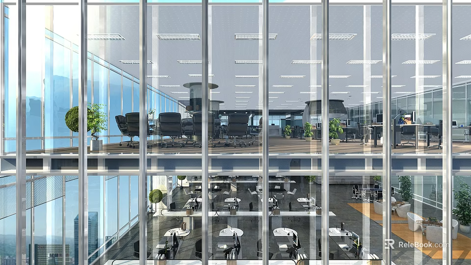 Modern Office Building Interior Design With Glass Walls Two Floors Workstations Dining Area And Plants 3d model 