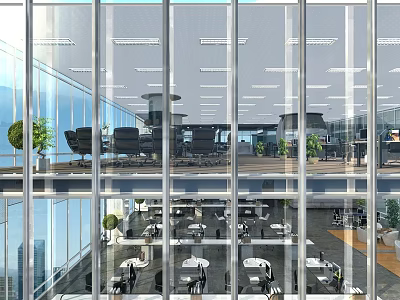 Modern Office Building Interior Design With Glass Walls Two Floors Workstations Dining Area And Plants 3d model