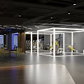 Modern Fitness Gym Interior With Blue Lighting White Ceiling Yellow Floor Lines And Equipment