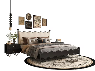 Elegant Double Bed With Decorative Paintings Nightstands Pendant Light And Patterned Rug 3d model