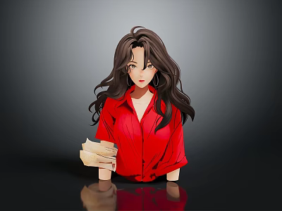 Female Game Film Character with Long Hair in Red Shirt Holding Papers Dark Background Reflection 3d model