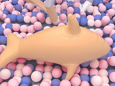 Adorable Shark Doll in Colorful Play Ball Pit with Pink Blue and White Balls 3d model