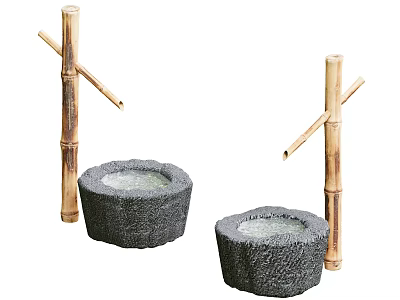 Traditional Karesansui Garden Features Two Stone Basins And Bamboo Water Elements 3d model