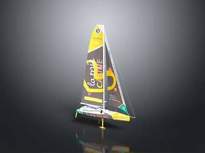 Yellow and Black Sailboat Model with Colorful Logos on Sail and Reflective Base 3d model