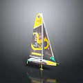 Yellow and Black Sailboat Model with Colorful Logos on Sail and Reflective Base