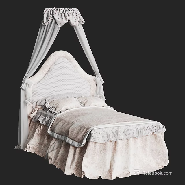 Elegant Single Bed With Textured Headboard And White Tulle Canopy Curtains 3d model 
