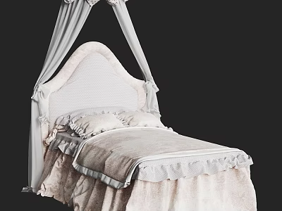 Elegant Single Bed With Textured Headboard And White Tulle Canopy Curtains 3d model