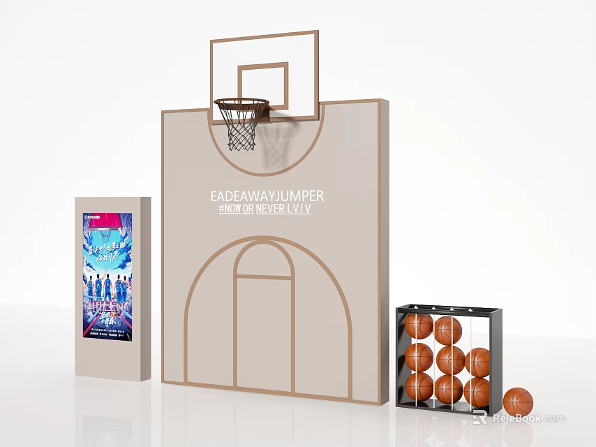 Basketball Themed Photo Spot Featuring Hoop Court Lines Display Board and Basketballs 3d model 