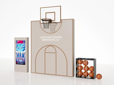 Basketball Themed Photo Spot Featuring Hoop Court Lines Display Board and Basketballs 3d model