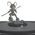Cartoon Sculpture Holding Staff With Curly Horns Silver Armor On Cloud Base In Water Pool