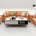 Modern Gray and Orange Sofa Coffee Table Set with Cushions and Decorative Items 3d model