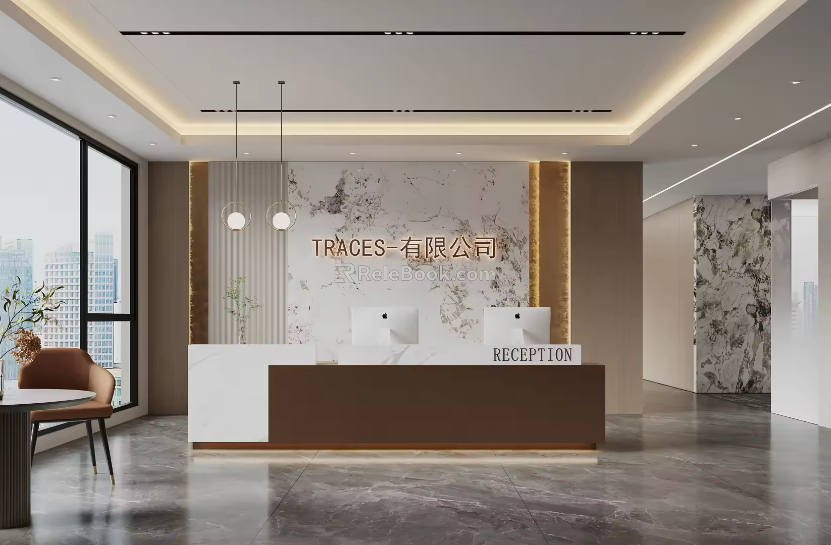 Modern company front desk background wall sofa reception area leisure chair chandelier 3d model