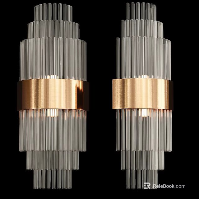 Modern Glass Wall Sconces With Vertical Stripes And Gold Accent Rings 3d model 