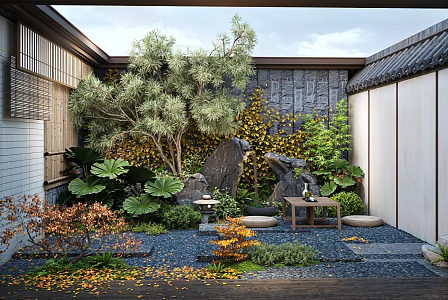Japanese-style Home Courtyard Landscape Dry Landscape Gardening Waterscape Stone Flowers and Plants Zen Landscape Ting Step 3d model