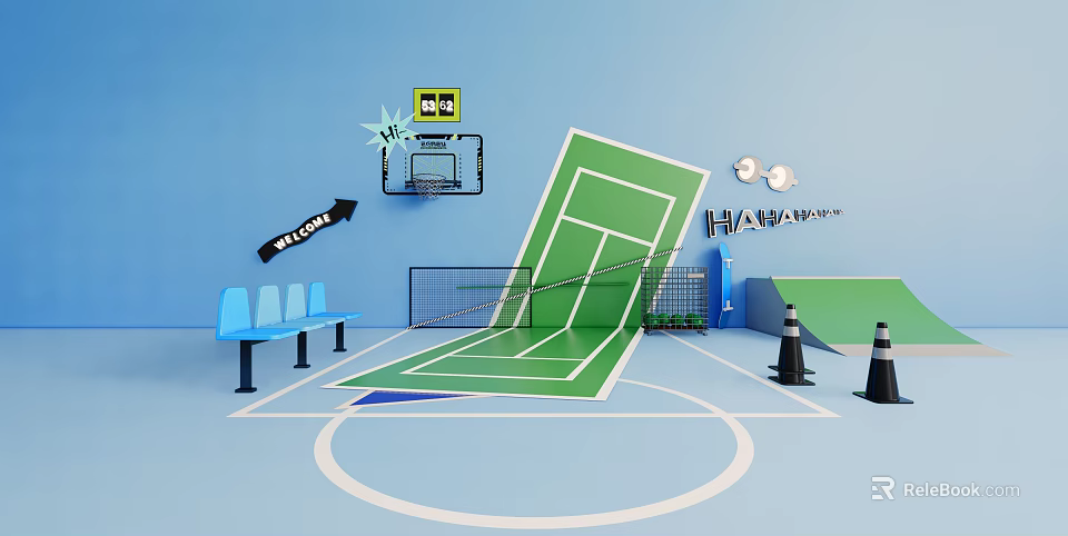 Cartoon Scene With Basketball Hoop Blue Benches Green Tennis Court Traffic Cones And THUMP Text 3d model 