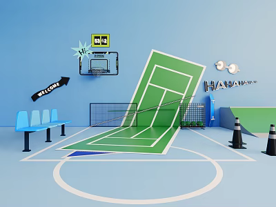 Cartoon Scene With Basketball Hoop Blue Benches Green Tennis Court Traffic Cones And THUMP Text 3d model