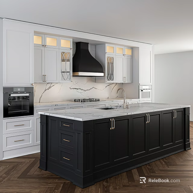 White Kitchen Cabinets with Black Island and Marble Countertops in Modern Interior 3d model 