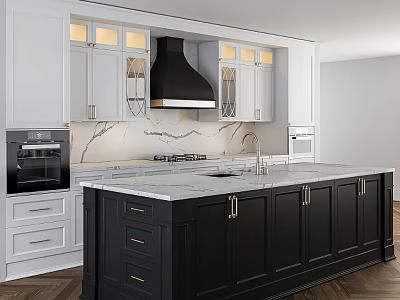 White Kitchen Cabinets with Black Island and Marble Countertops in Modern Interior 3d model