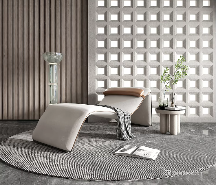 Modern Lounge Chair In Stylish Interior With Geometric Wall And Side Plant On Round Table 3d model 