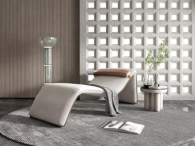 Modern Lounge Chair In Stylish Interior With Geometric Wall And Side Plant On Round Table 3d model
