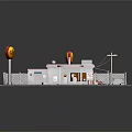 Small Commercial Building Scene With Red Roof Yellow Sign Fence And Street Lamp
