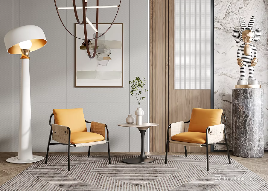 Modern Interior With Yellow Accent Chairs Round Side Table And Floor Lamp 3d model