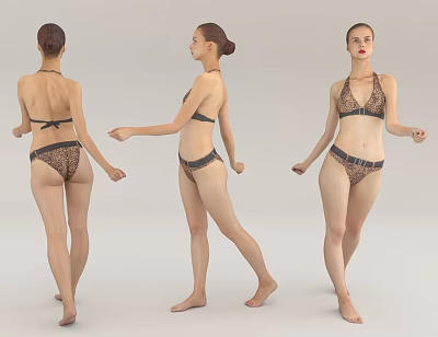 Woman Wearing Leopard Print Bikini Shown From Back Side And Front Angles 3d model