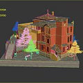 Red Building Model With Yellow Accents Brown Roof Small Trees Steps And Platform