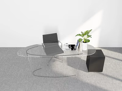 Clear Glass Office Desk With Black Chair Coffee Cup Notebook Plant And Black Cube 3d model
