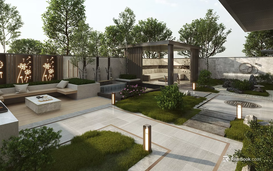 Serene Courtyard Garden Design With Outdoor Seating Area Green Plants Water Feature And Wooden Pavilion 3d model 